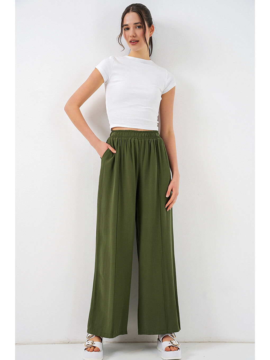 Kadın Beli Lastikli Bol Paça Pantolon 30087 - Haki-2