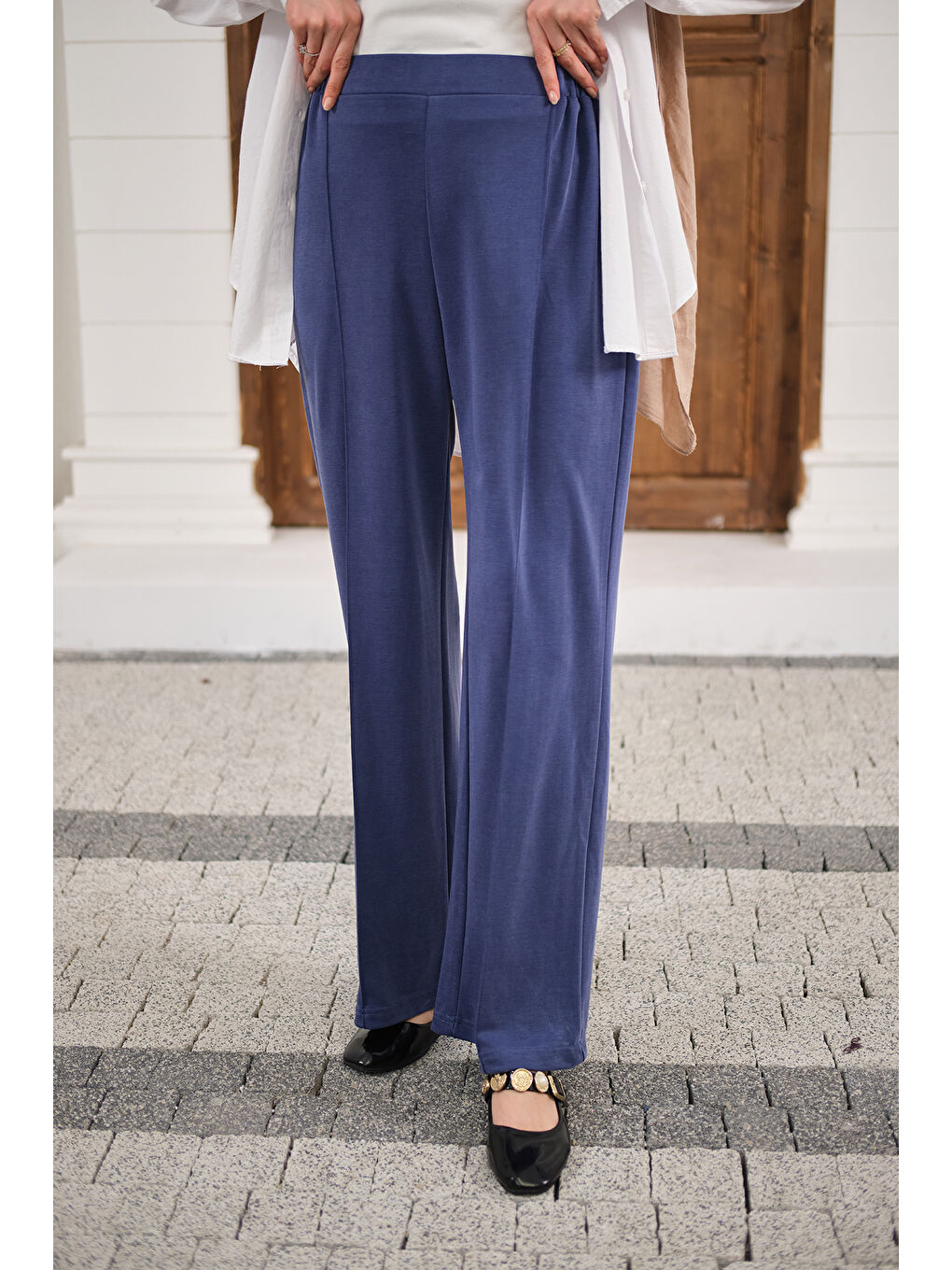 Kadın Önü Çima Detaylı Lastikli Pantolon İndigo Mavi-2