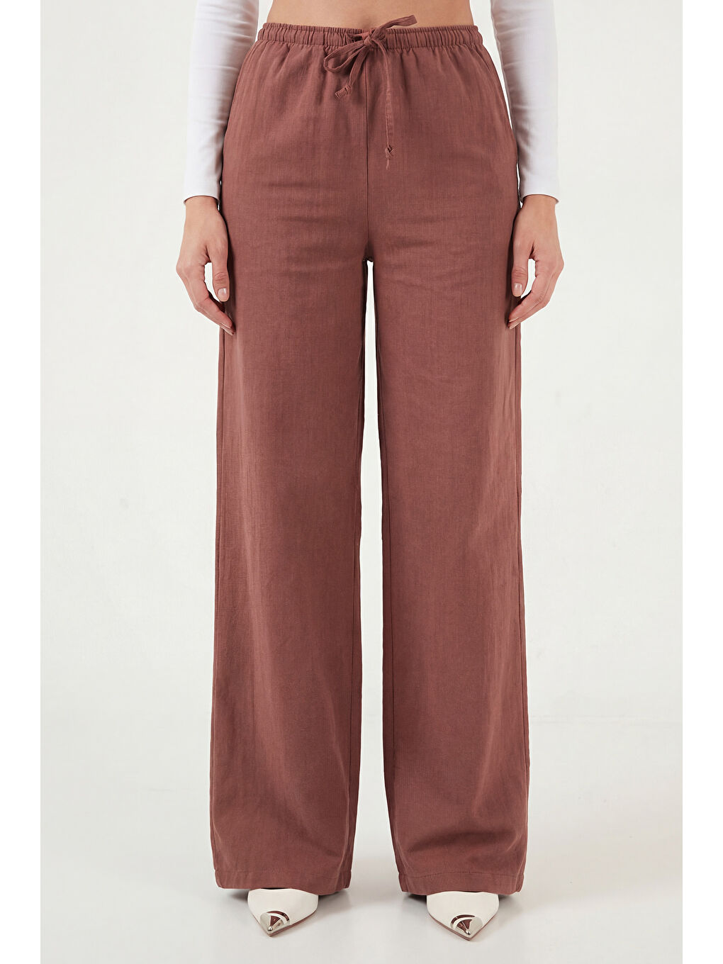 Kahverengi Bağlamalı Yüksek Bel Geniş Paça Rahat Pantolon 6923906-2