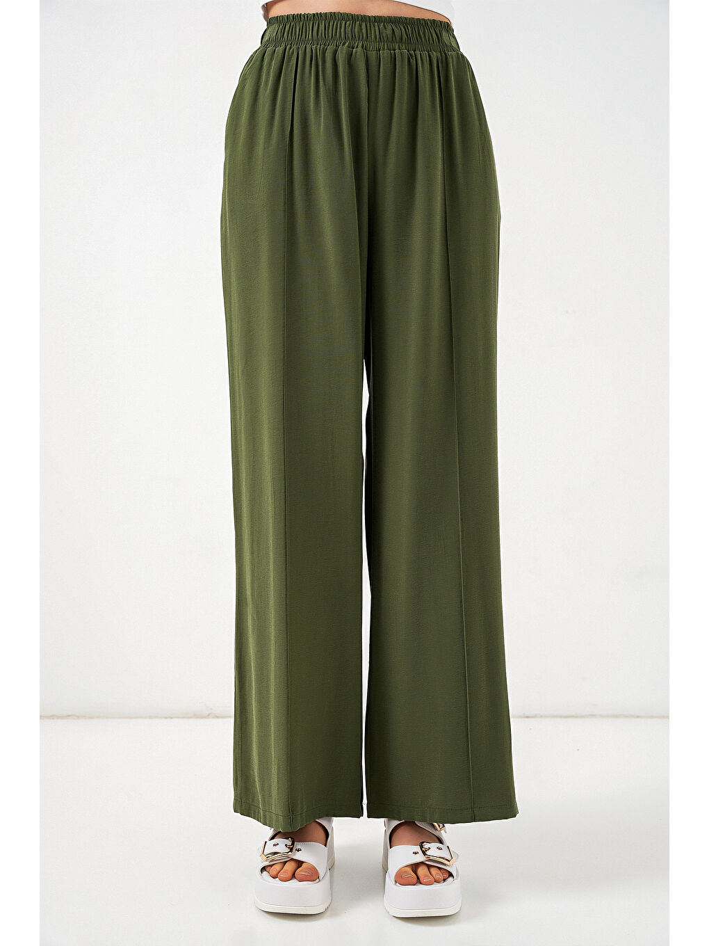 Kadın Beli Lastikli Bol Paça Pantolon 30087 - Haki-3