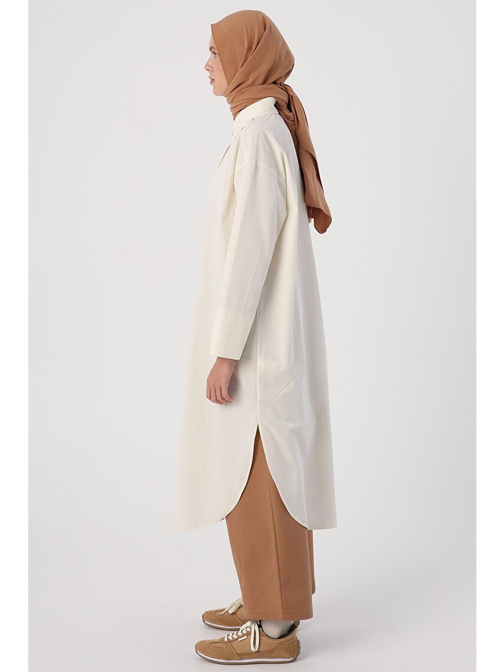 Ekru %100 Pamuk Yırtmaçlı Uzun Gömlek Tunik-2