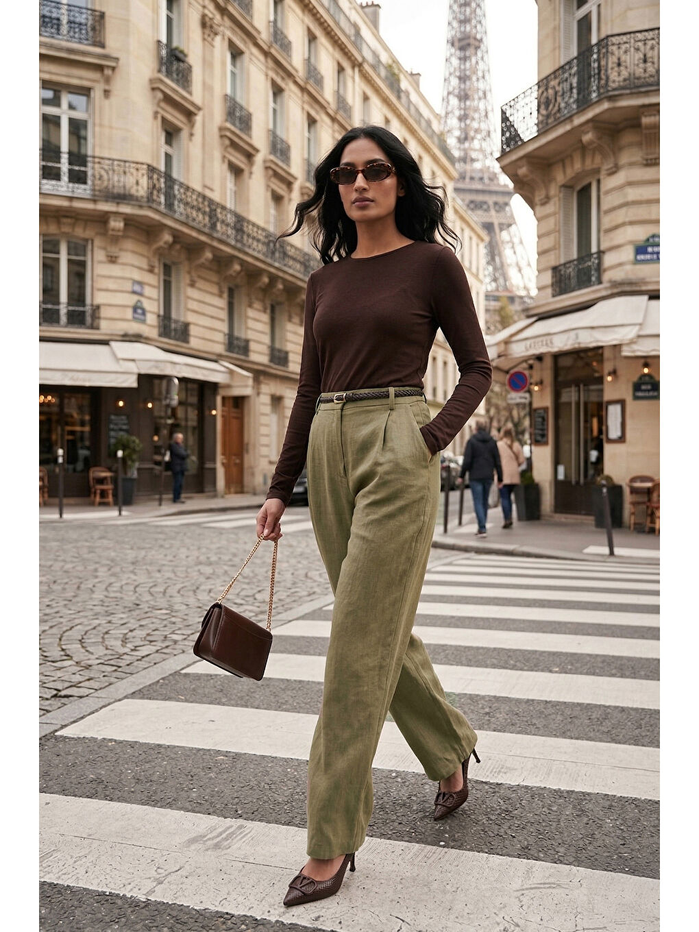 Haki Bol Paça Yüksek Bel Kemerli Pantolon 6923807