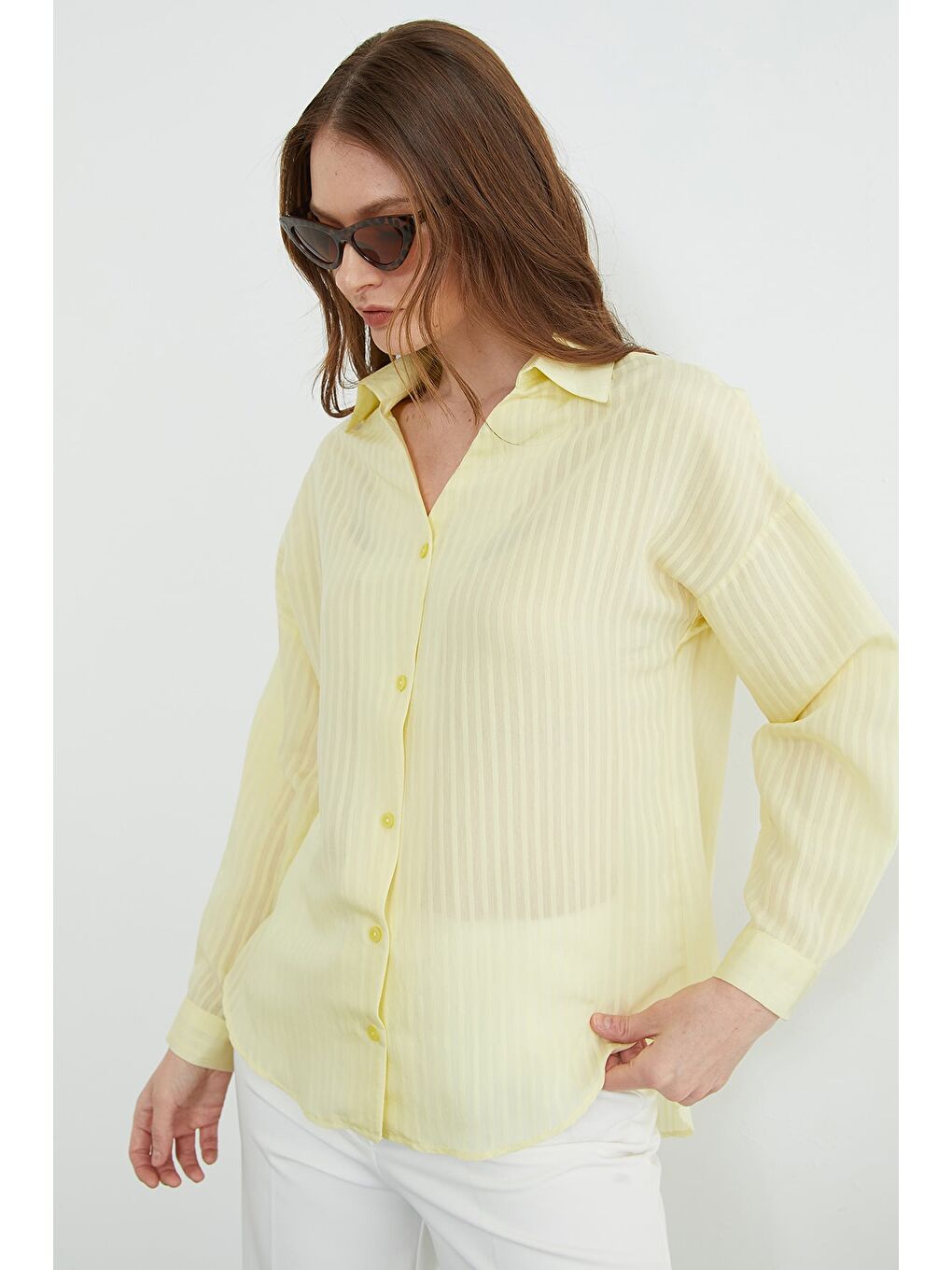 Sarı Çizgili Jakarlı Salaş Gömlek-4