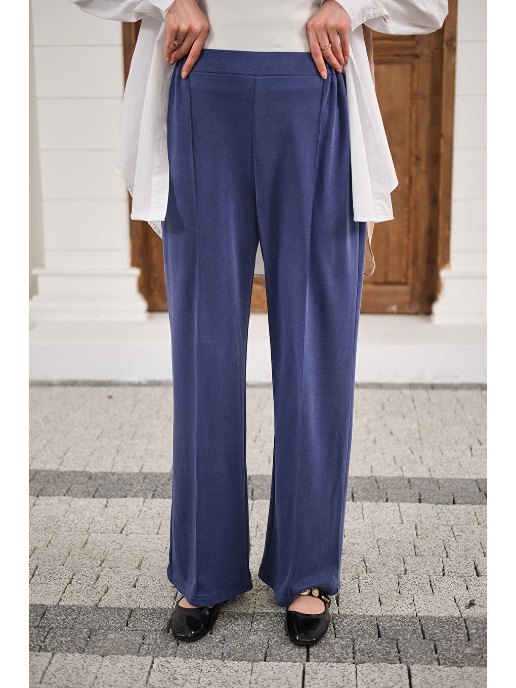 Kadın Önü Çima Detaylı Lastikli Pantolon İndigo Mavi-4