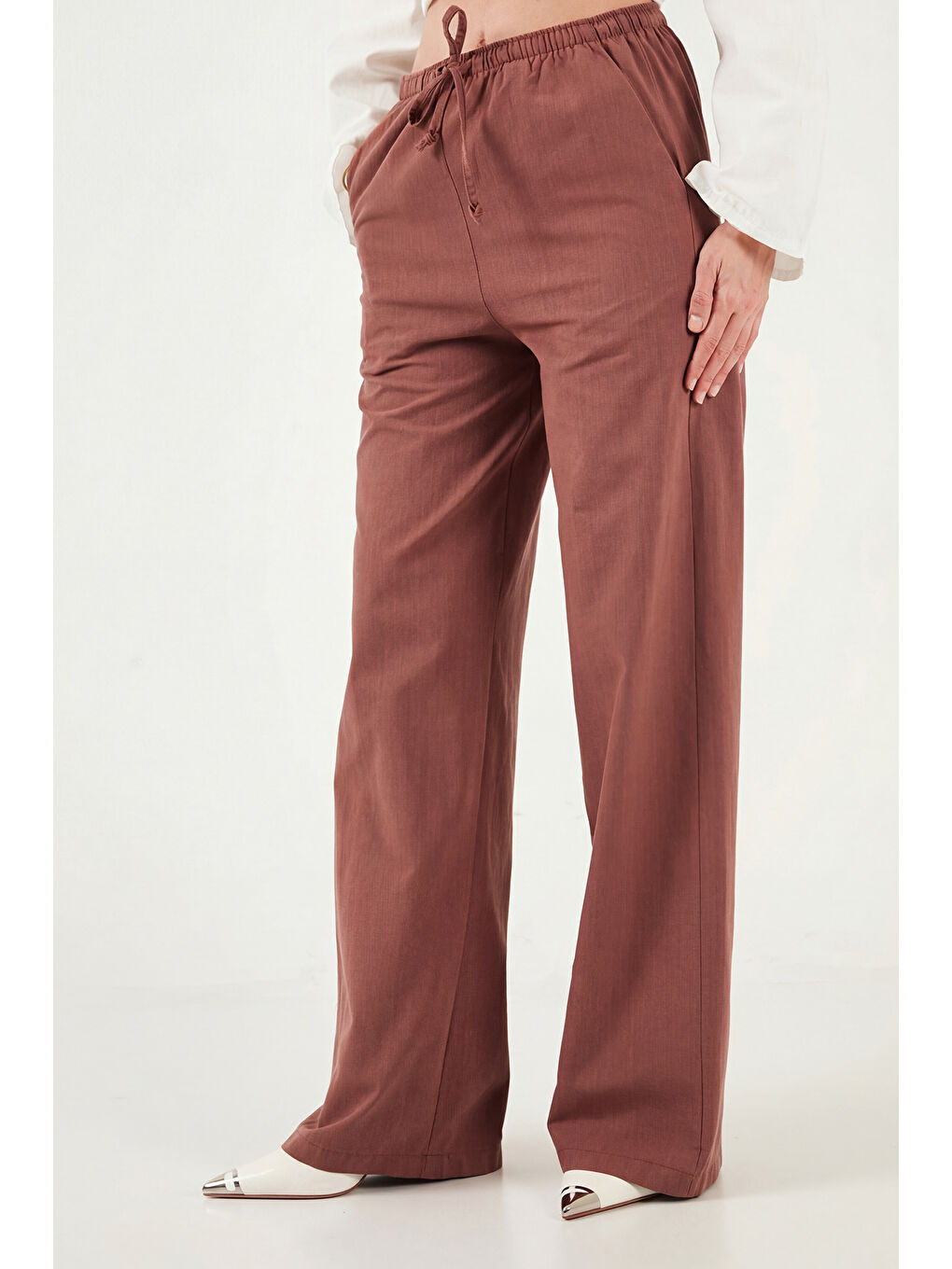 Kahverengi Bağlamalı Yüksek Bel Geniş Paça Rahat Pantolon 6923906-4