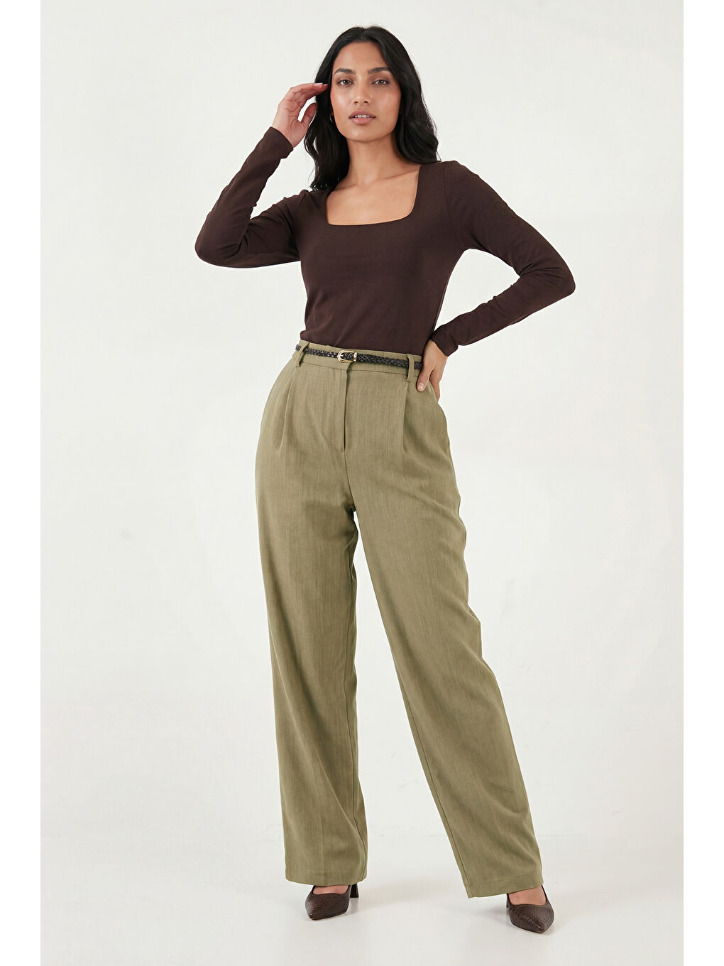 Haki Bol Paça Yüksek Bel Kemerli Pantolon 6923807-1