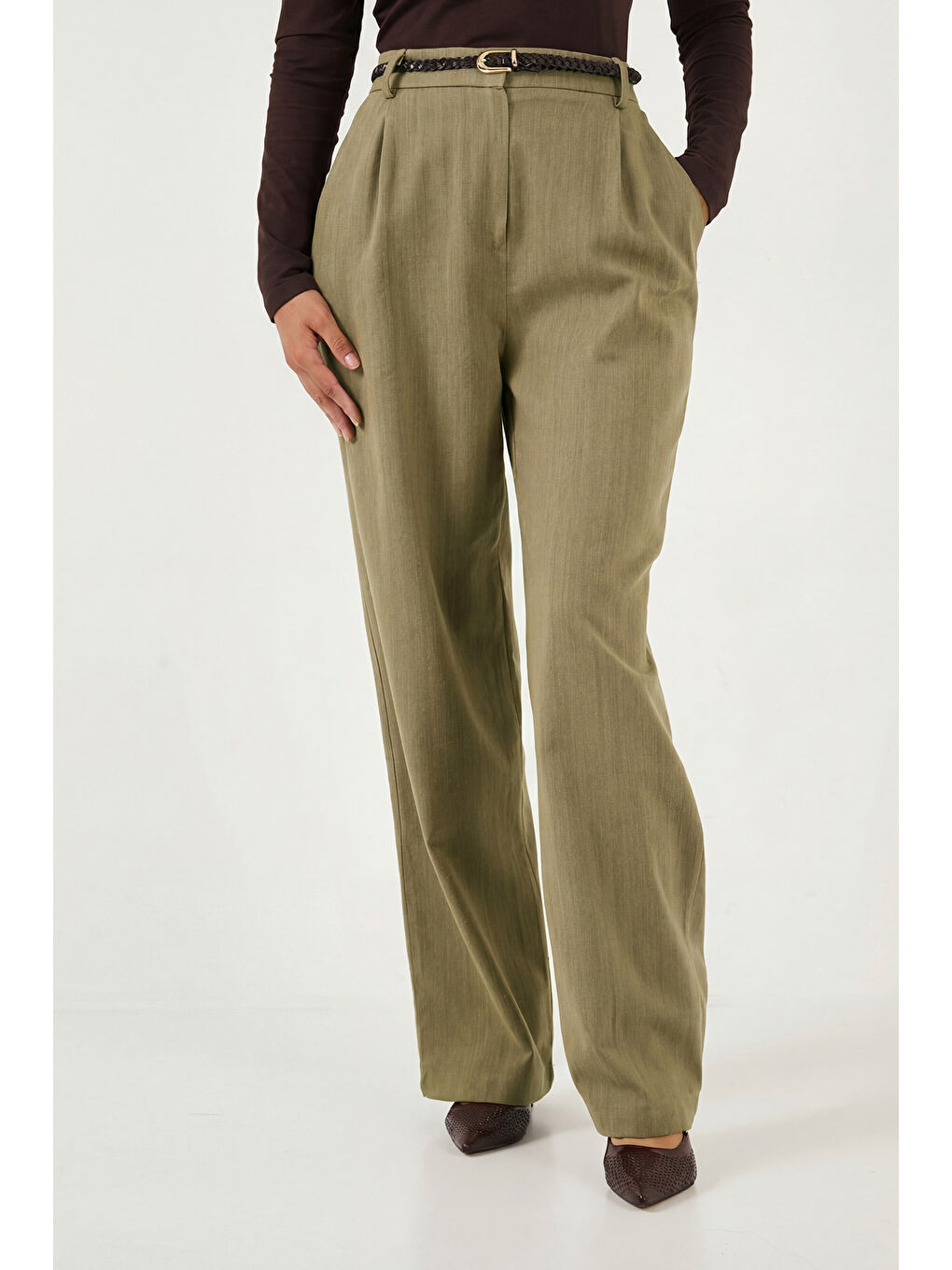 Haki Bol Paça Yüksek Bel Kemerli Pantolon 6923807-2