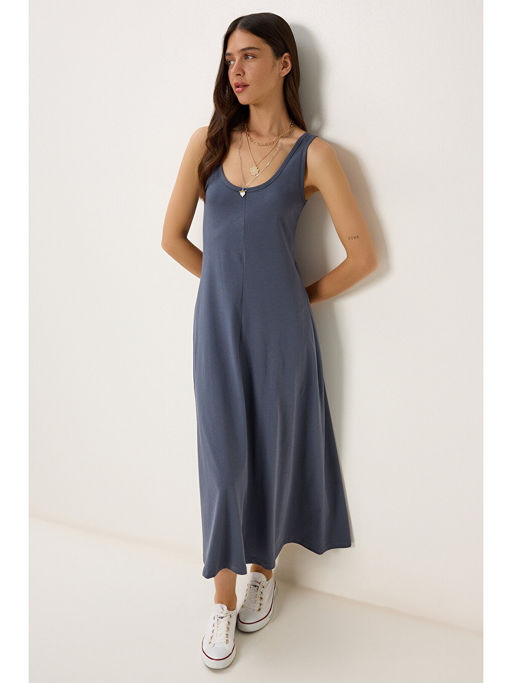 Gri Kolsuz Basic Yazlık Örme Elbise Füme Lcr0057