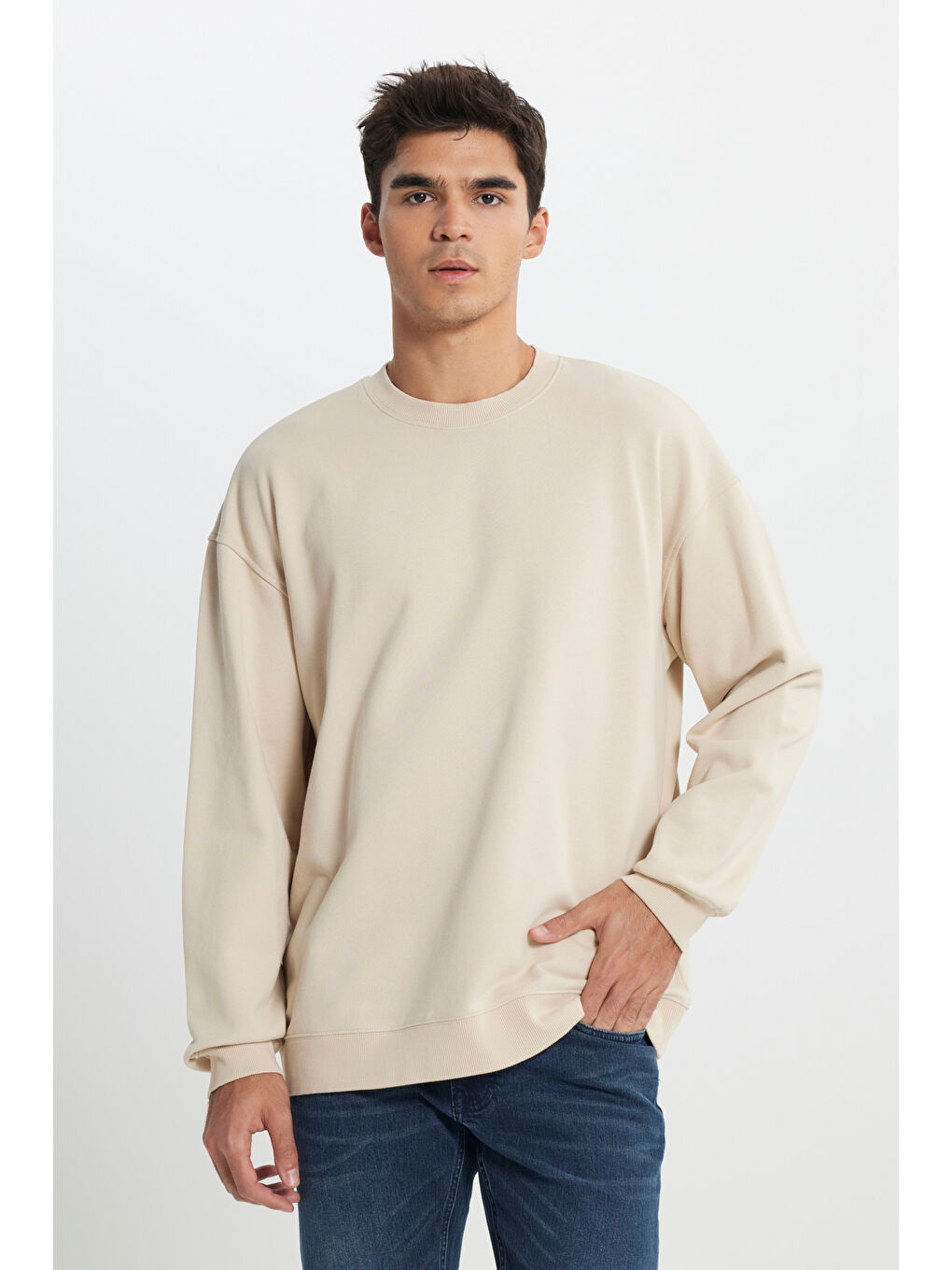 Loose Fit Rahat Kesim Bisiklet Yaka %100 Pamuk Bej Sweatshirt