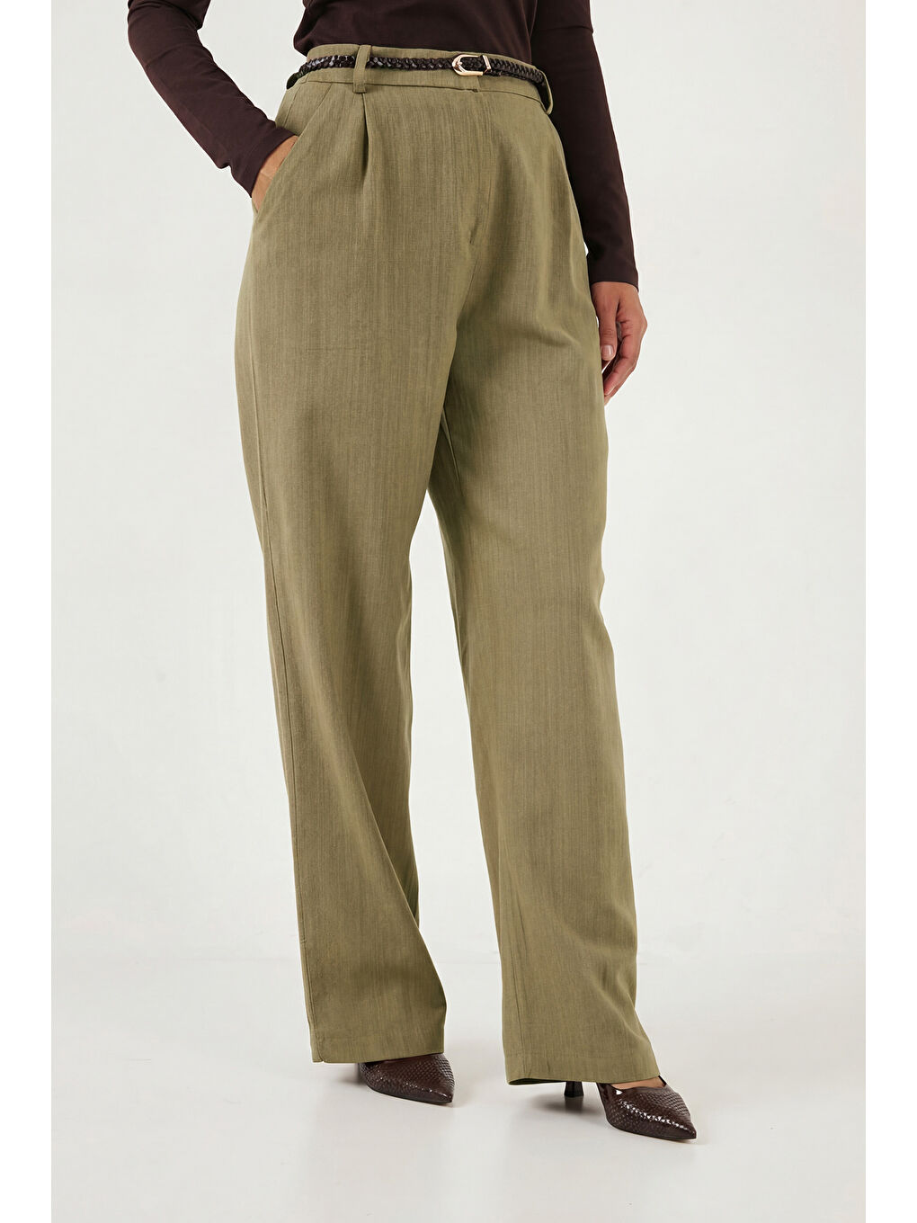 Haki Bol Paça Yüksek Bel Kemerli Pantolon 6923807-3