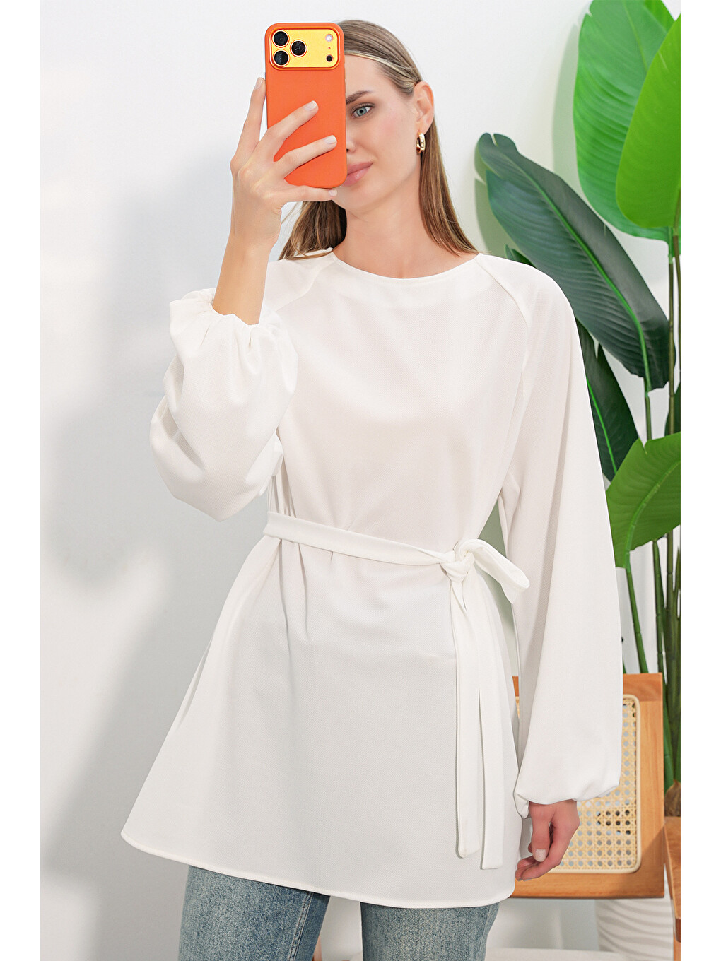 Kadın Çizgili Bağcıklı Oversize Tunik 50009 - Beyaz