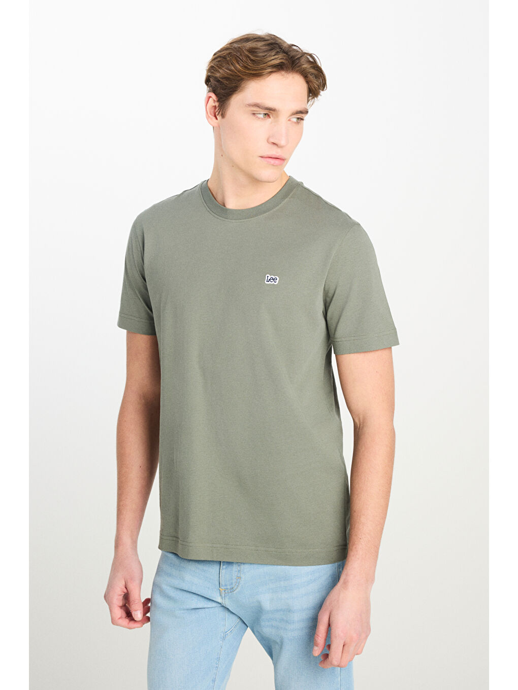 Regular Fit Normal Kesim Bisiklet Yaka Pamuklu Haki Tişört-1