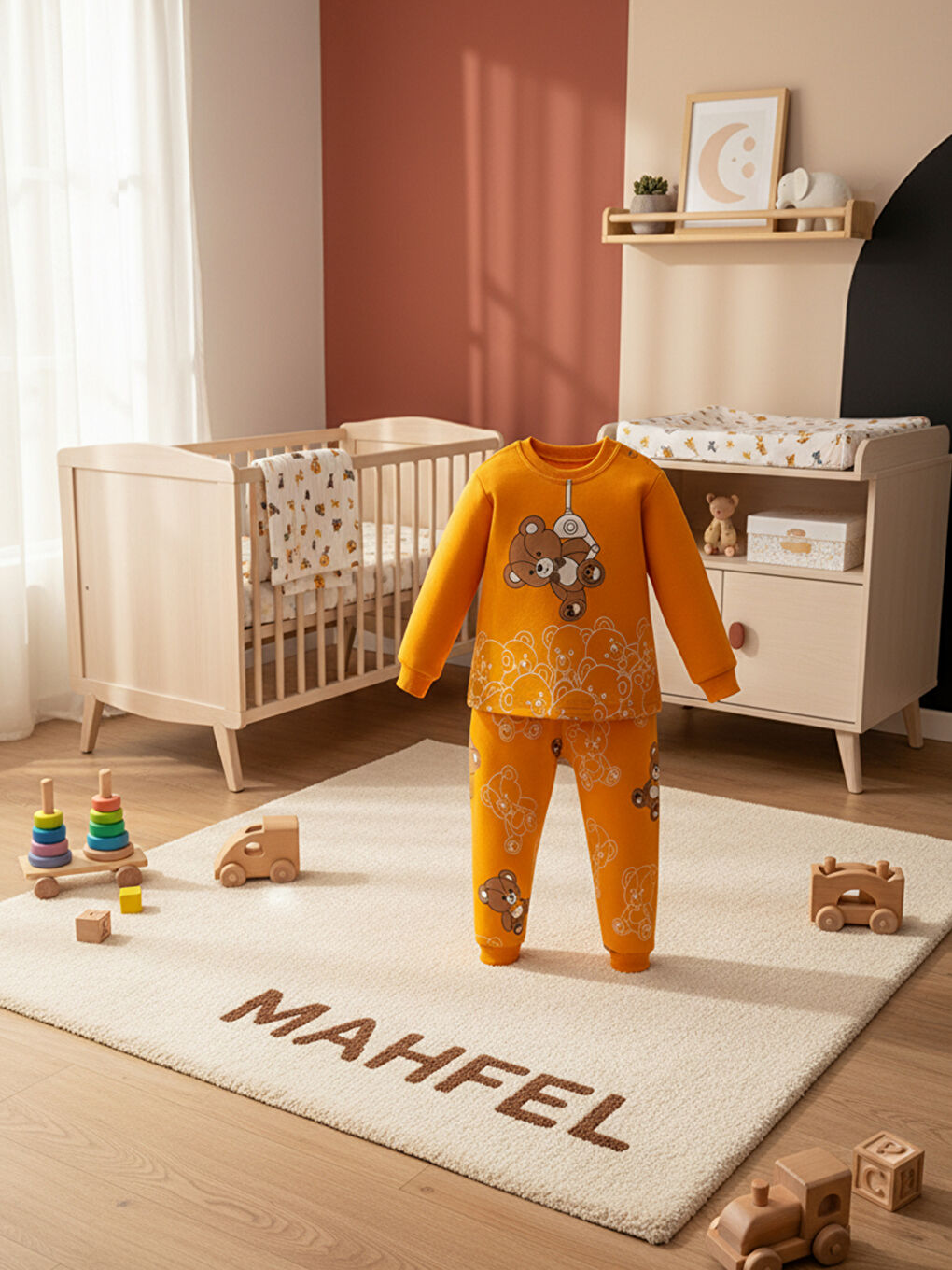 %100 Pamuklu Turuncu Ayıcıklı Çocuk Pijama Takımı 1-6 Yaş-2