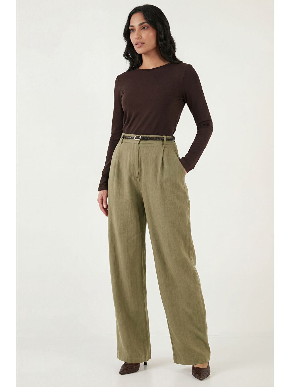 Haki Bol Paça Yüksek Bel Kemerli Pantolon 6923807-4