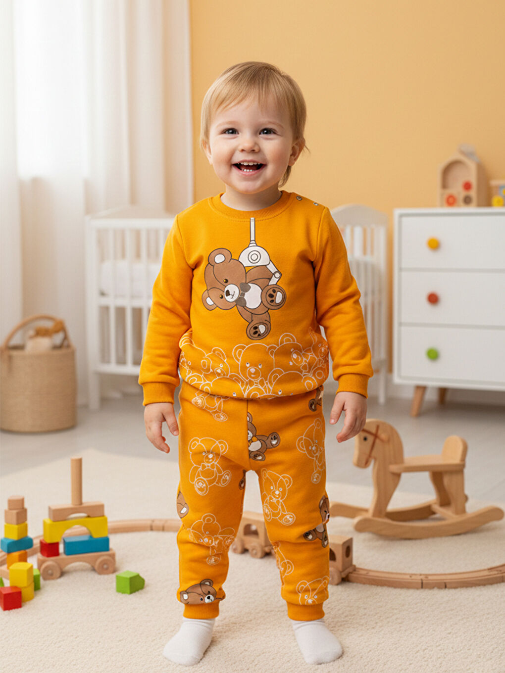 %100 Pamuklu Turuncu Ayıcıklı Çocuk Pijama Takımı 1-6 Yaş-3