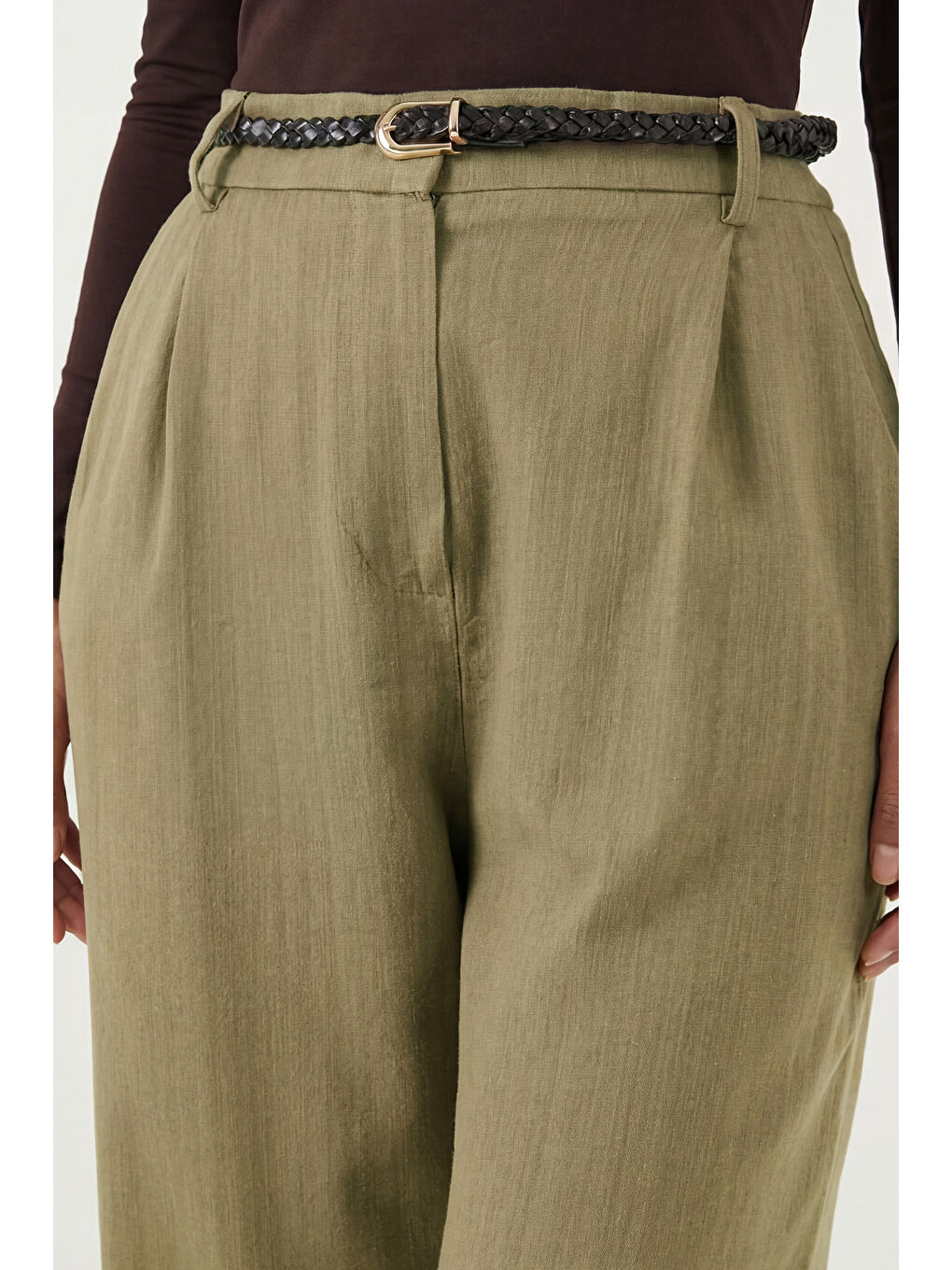 Haki Bol Paça Yüksek Bel Kemerli Pantolon 6923807-5