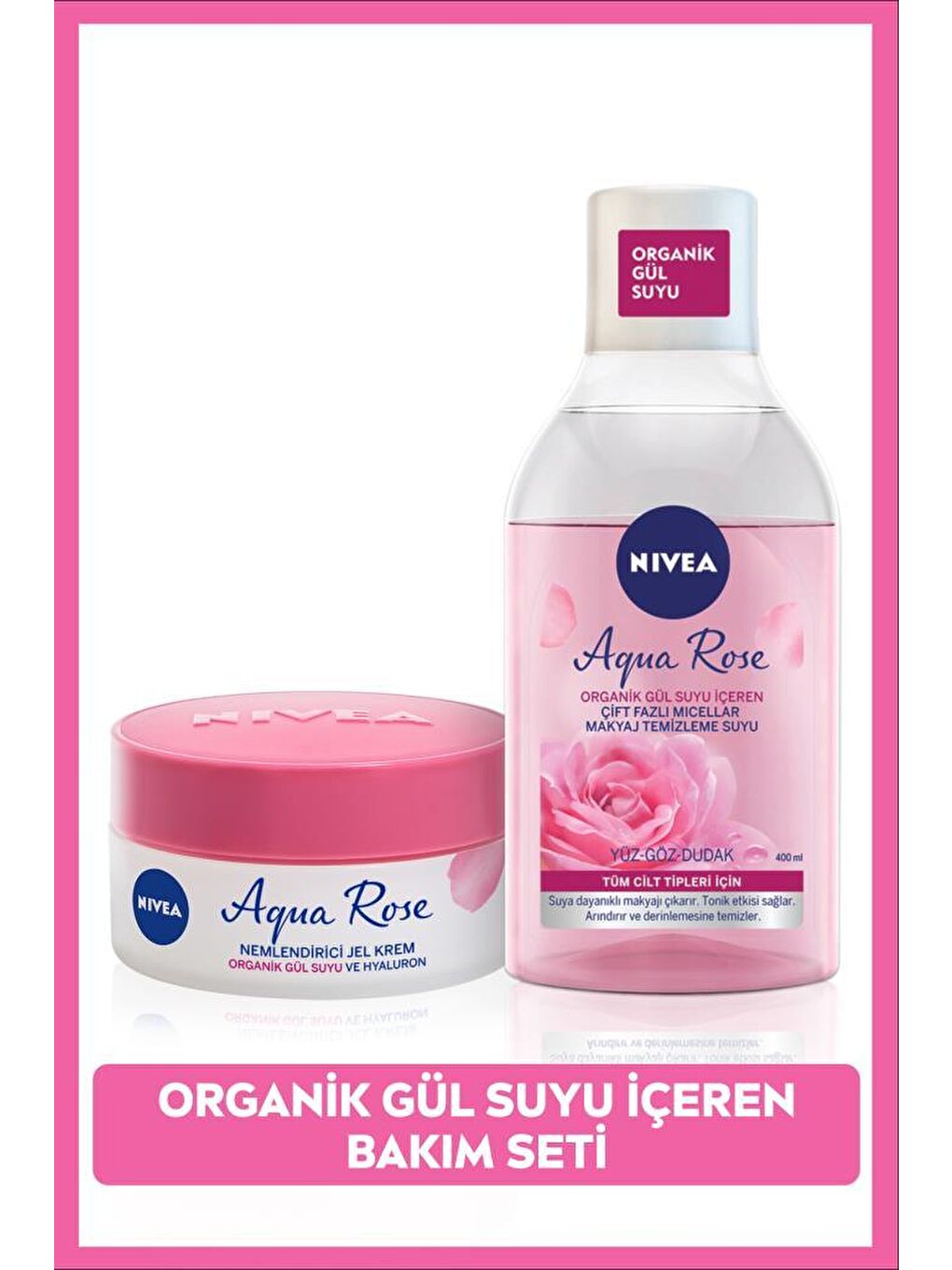 Aqua Rose Gül Suyu Çift Fazlı Micellar Makyaj Temizleme Suyu 400ml ve Nemlendirici Jel Krem 50ml