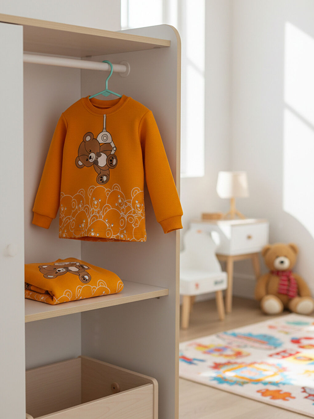 %100 Pamuklu Turuncu Ayıcıklı Çocuk Pijama Takımı 1-6 Yaş-5