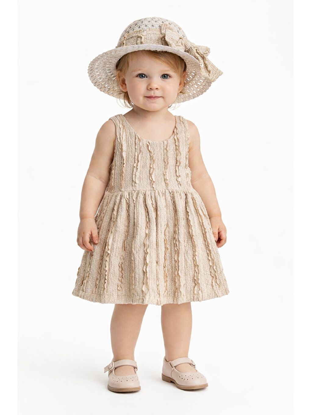 Bej Kız Bebek Tarz Fırfırlı Yazlık Elbise Şapkalı 2’li Kombin