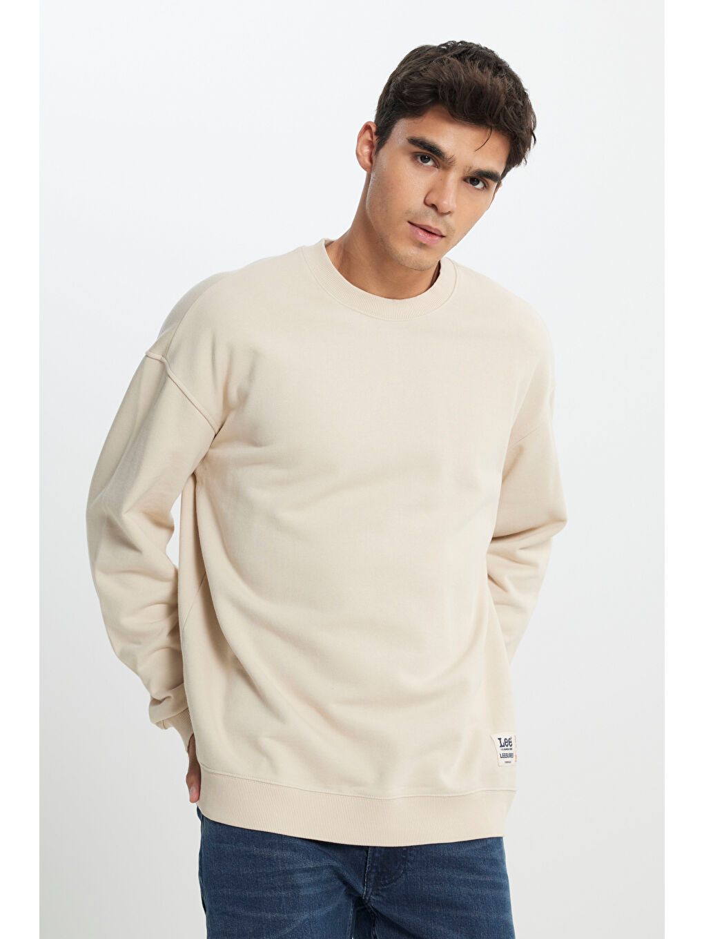 Loose Fit Rahat Kesim Bisiklet Yaka %100 Pamuk Bej Sweatshirt-1