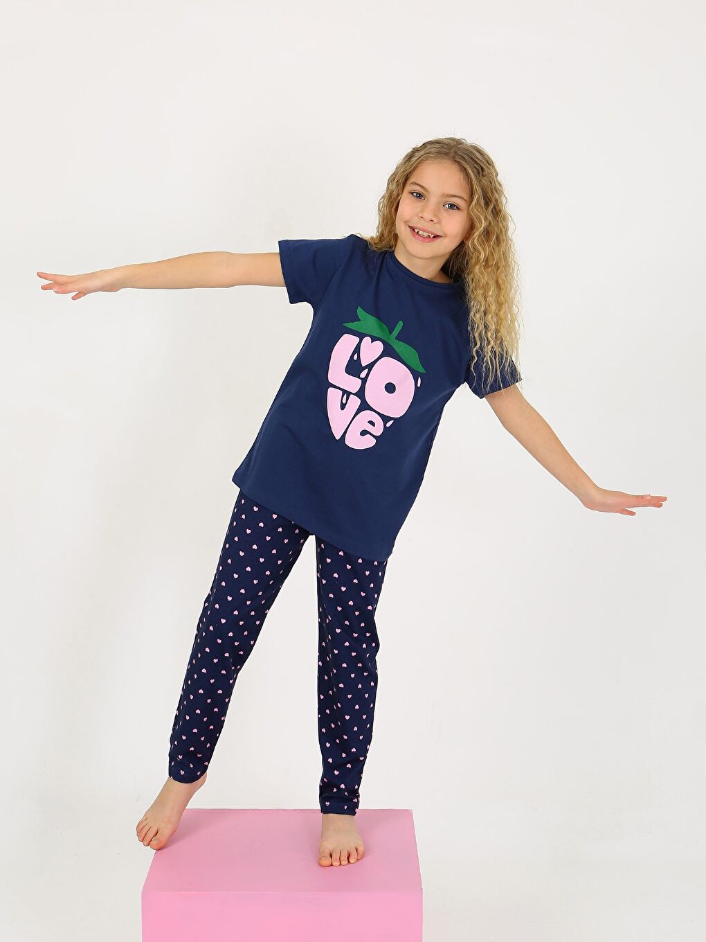 Lacivert Kız Çocuk Kısa Kollu %100 Pamuklu Pijama Takımı Cute Love