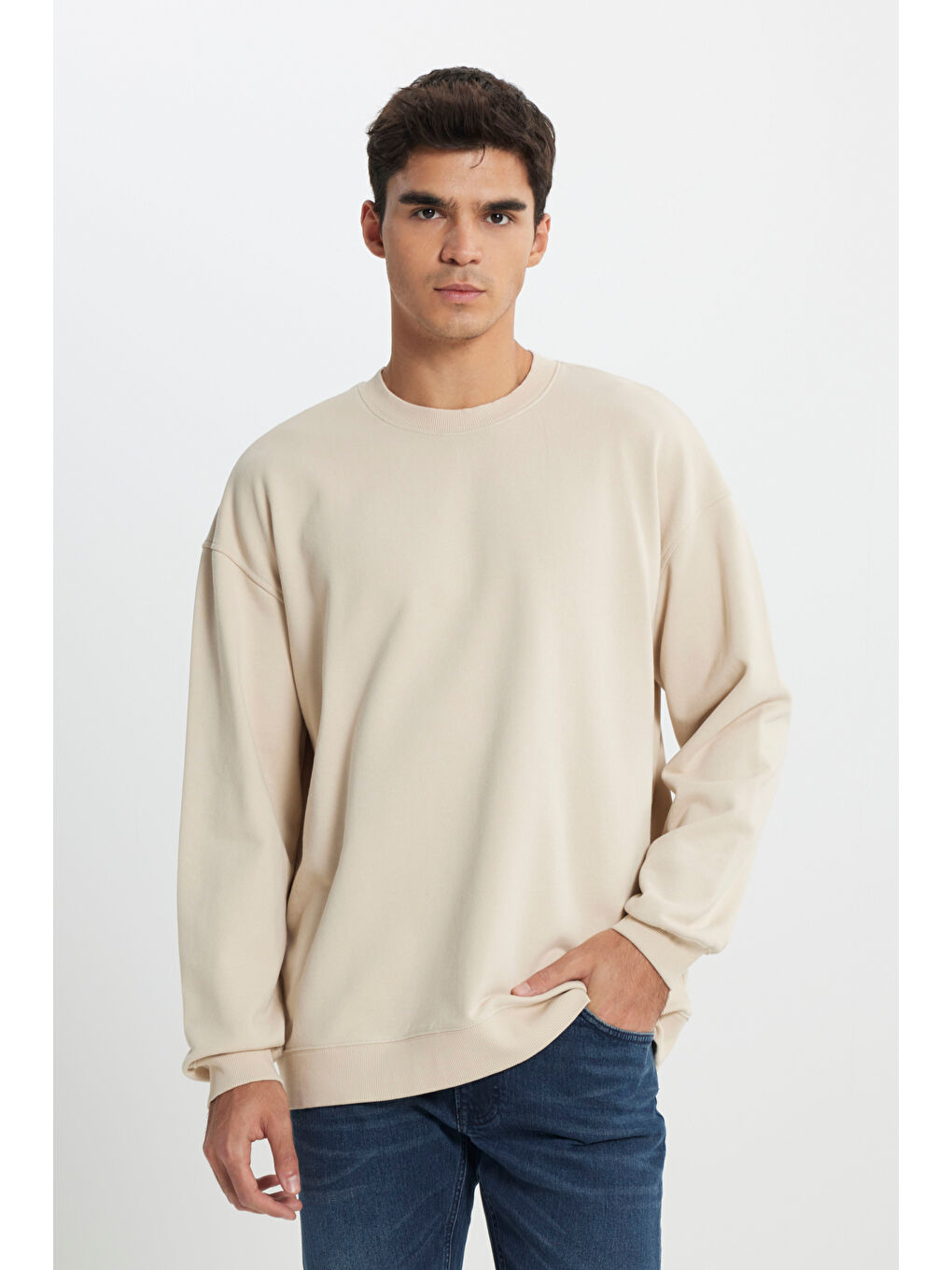 Loose Fit Rahat Kesim Bisiklet Yaka %100 Pamuk Bej Sweatshirt-2
