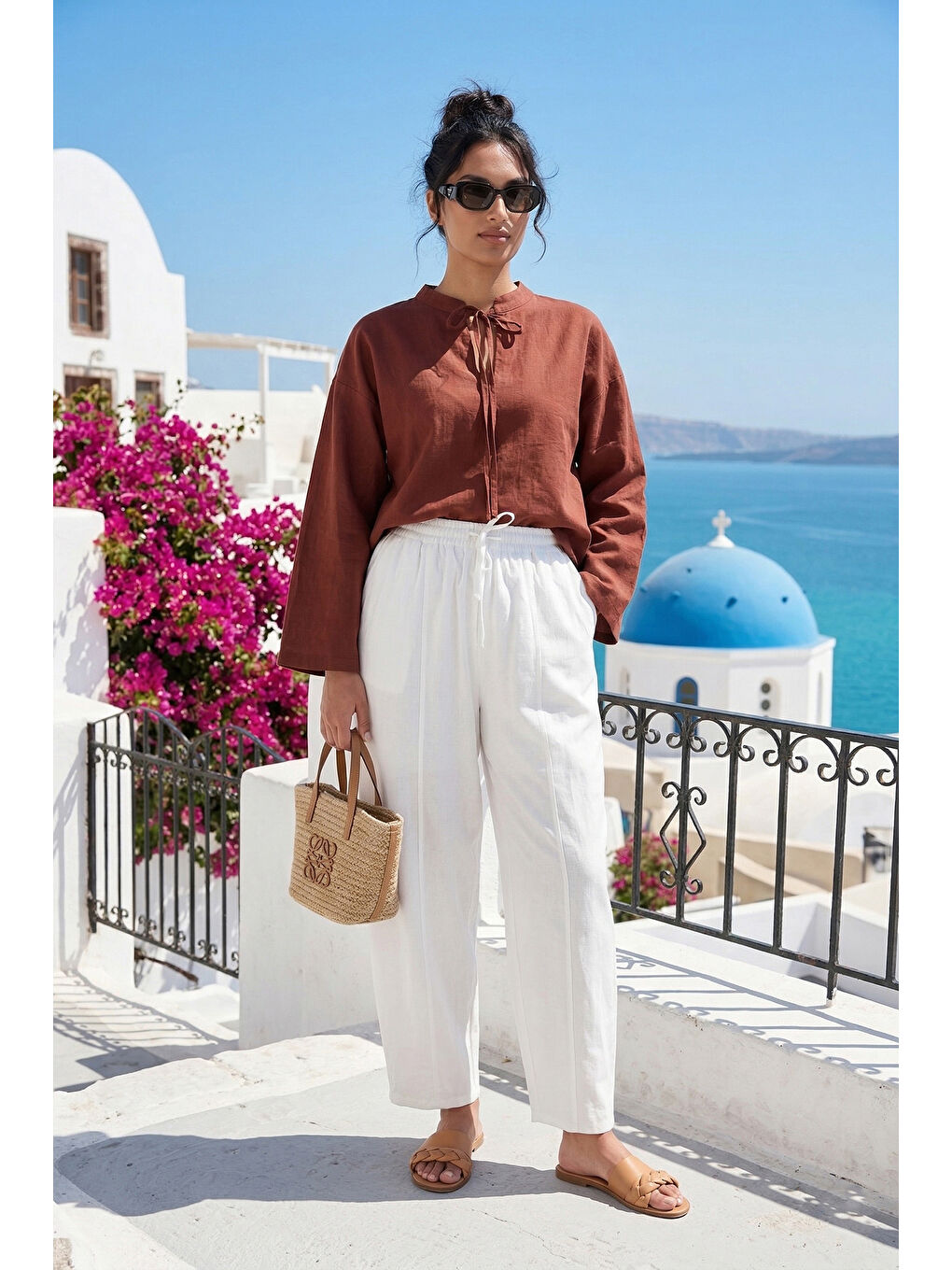 Beyaz Yüksek Bel Bağlamalı Daralan Paça Rahat Pantolon 6923905