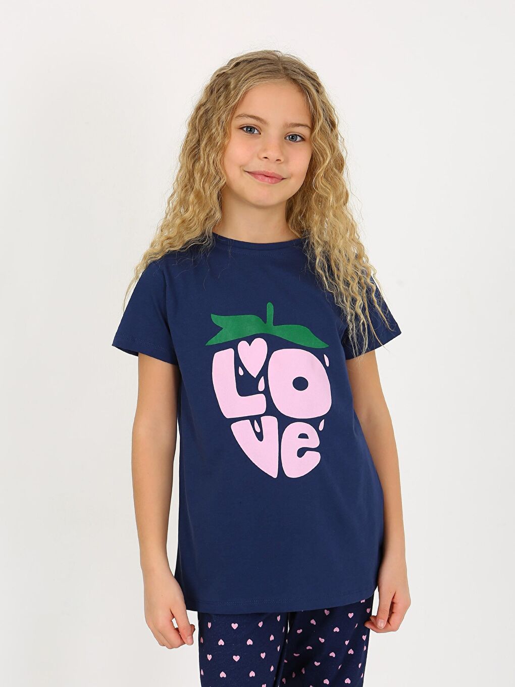 Lacivert Kız Çocuk Kısa Kollu %100 Pamuklu Pijama Takımı Cute Love-1