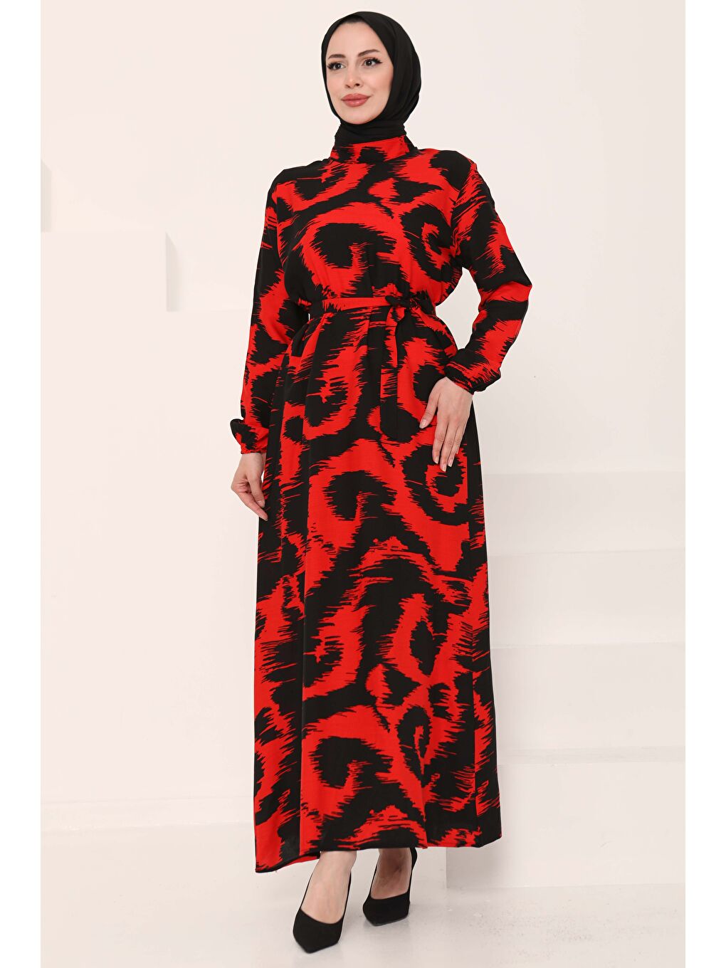 Kırmızı Desenli Kuşaklı Elbise Kirmizi - 27039-1