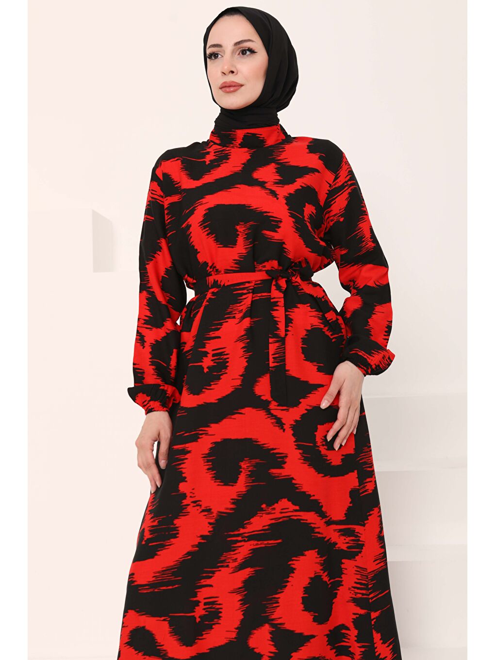 Kırmızı Desenli Kuşaklı Elbise Kirmizi - 27039-2
