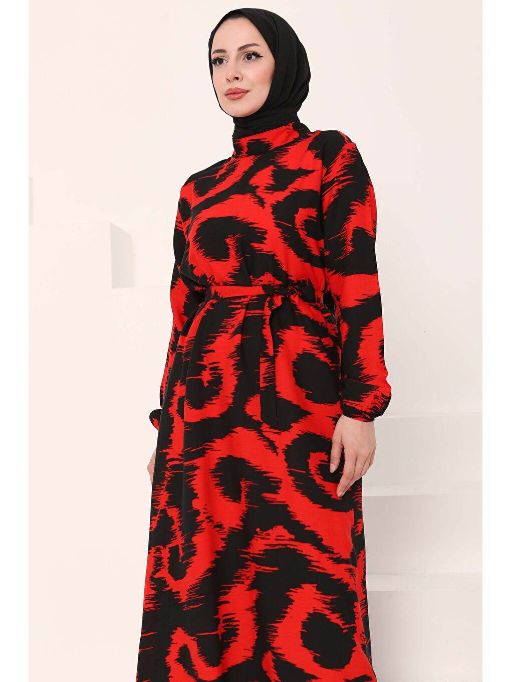 Kırmızı Desenli Kuşaklı Elbise Kirmizi - 27039-4