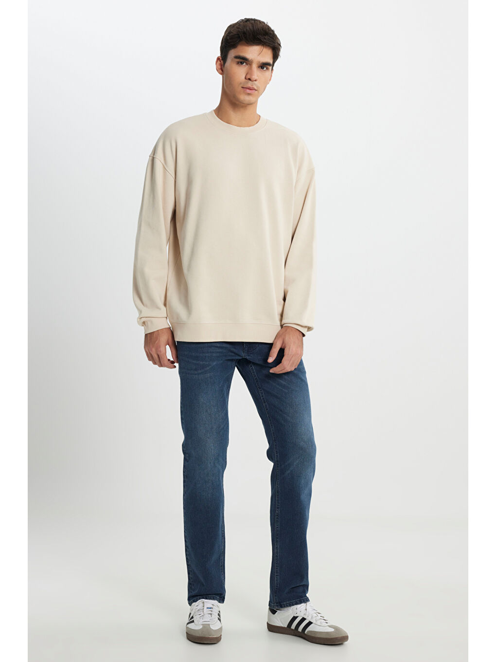 Loose Fit Rahat Kesim Bisiklet Yaka %100 Pamuk Bej Sweatshirt-3