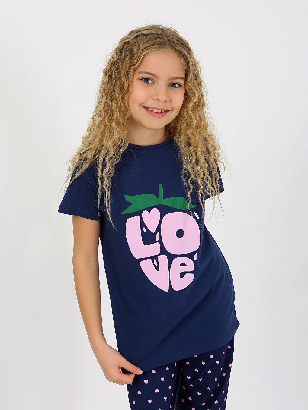 Lacivert Kız Çocuk Kısa Kollu %100 Pamuklu Pijama Takımı Cute Love-2