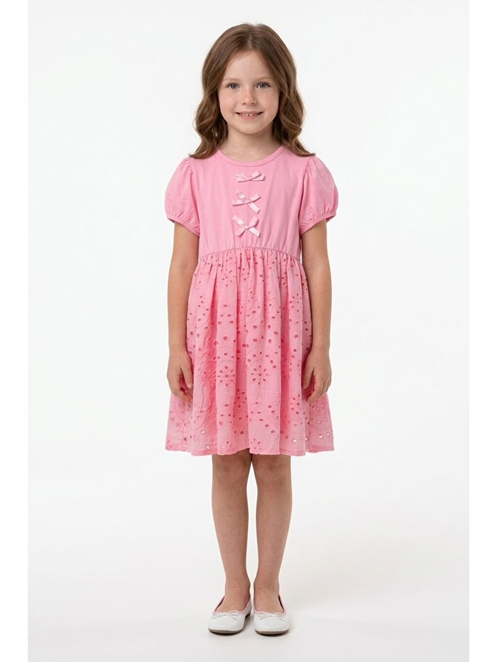 Pembe Brode Detaylı Fiyonklu Kız Çocuk Elbise