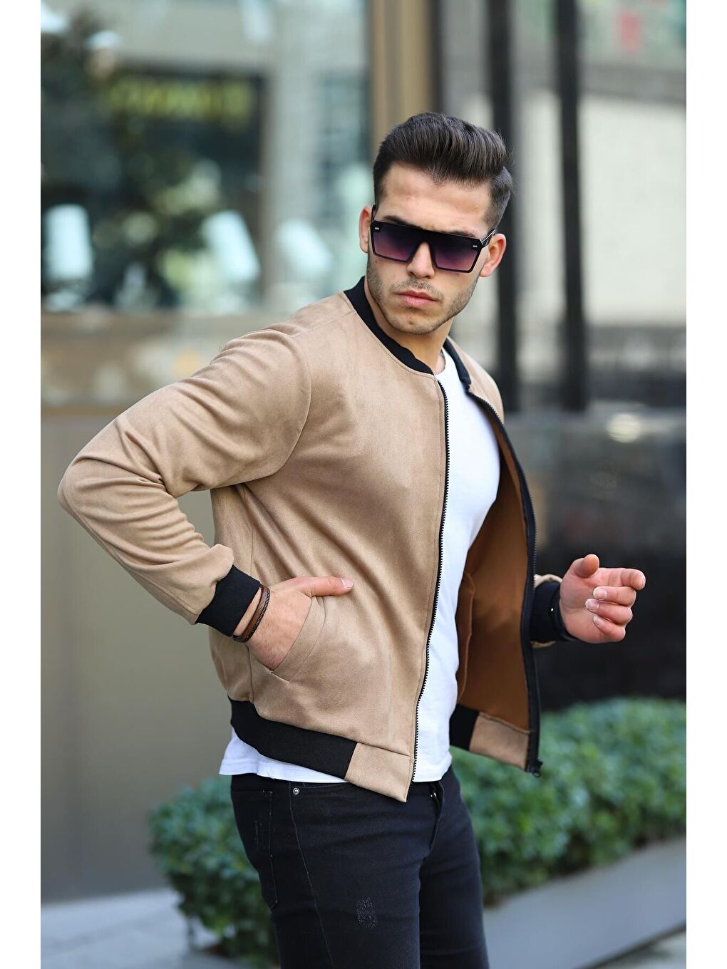 Bej Erkek Dar Kesim Nubuk Süet Astarsız Elastanlı Su Itici Kolej Ceket-2