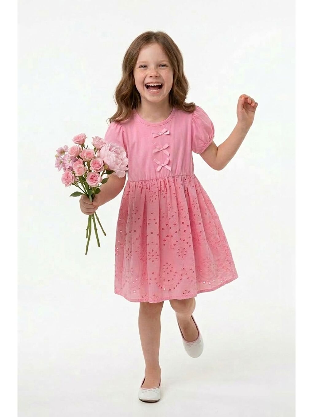 Pembe Brode Detaylı Fiyonklu Kız Çocuk Elbise-1