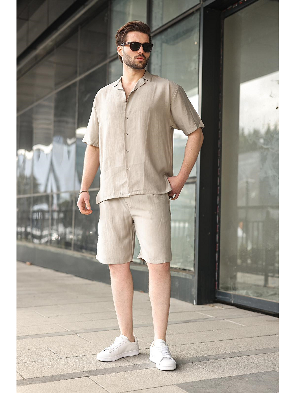 Bej Taş Rengi Kumaş Erkek Şort Gömlek Takım E7352