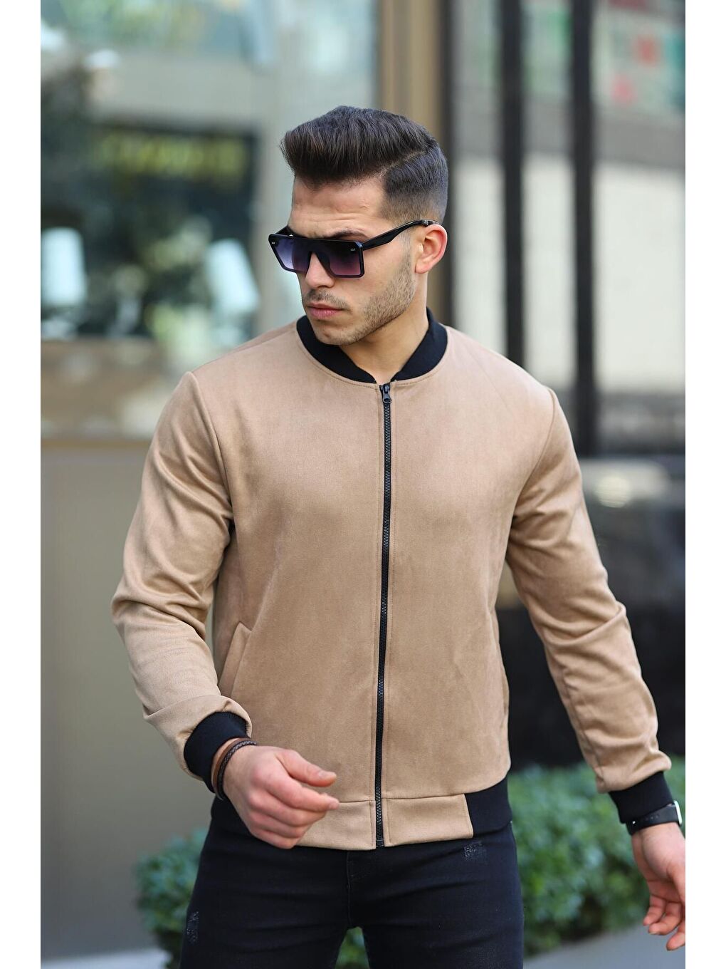 Bej Erkek Dar Kesim Nubuk Süet Astarsız Elastanlı Su Itici Kolej Ceket-3