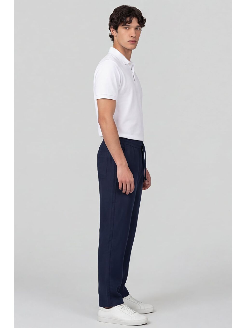 Erkek Lacivert Normal Kesim Regular Fit %100 Pamuk Yan Cep Bel Lastikli Pantolon-2