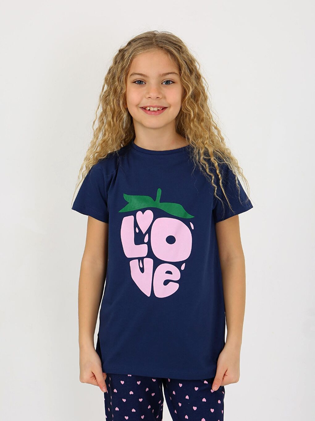 Lacivert Kız Çocuk Kısa Kollu %100 Pamuklu Pijama Takımı Cute Love-4