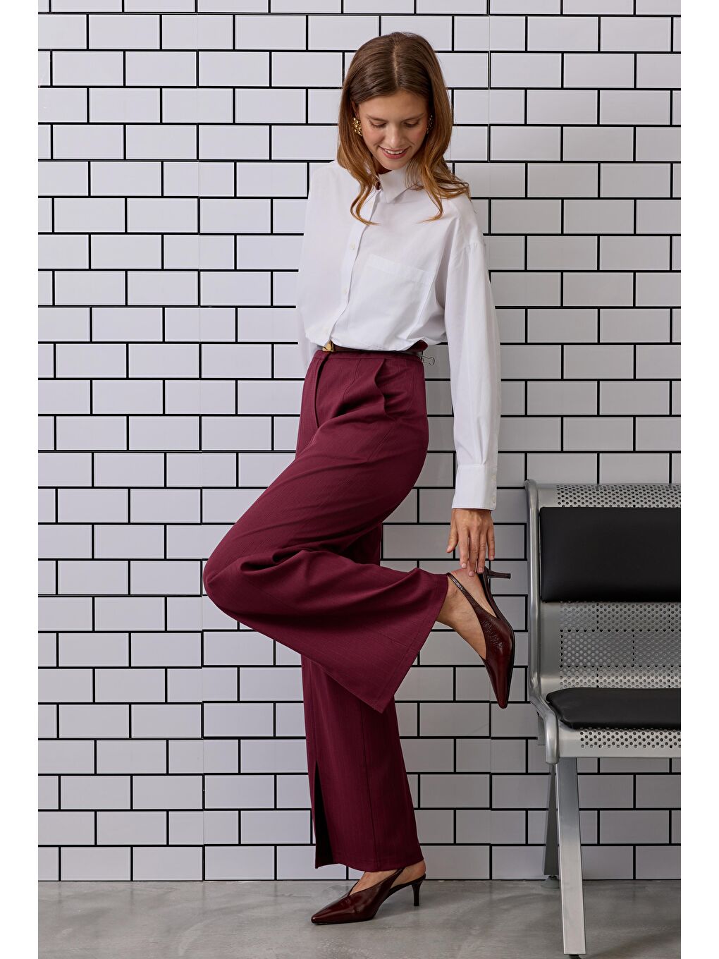 Yırtmaç Detaylı Pantolon Bordo-1