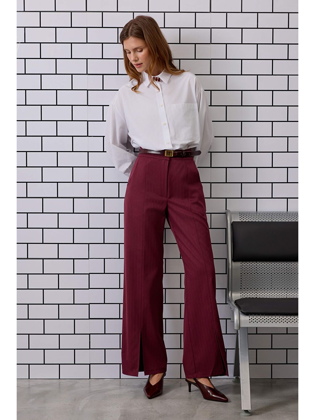 Yırtmaç Detaylı Pantolon Bordo-2