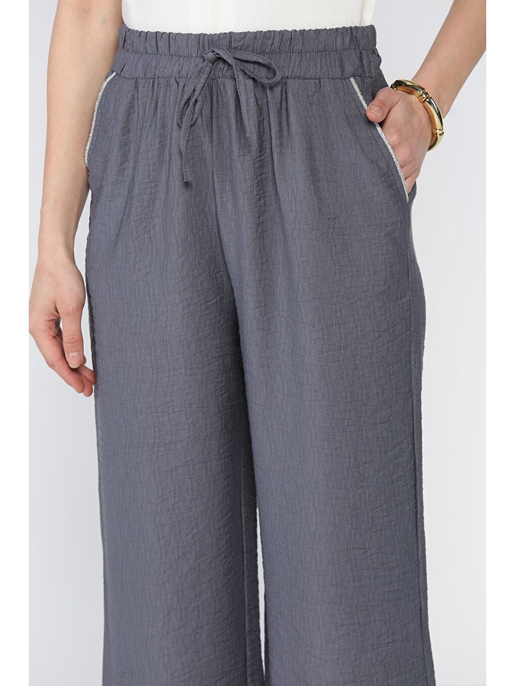 Gri Kadın Yüksek Bel Cep Taşlı Palazzo Pantolon-3