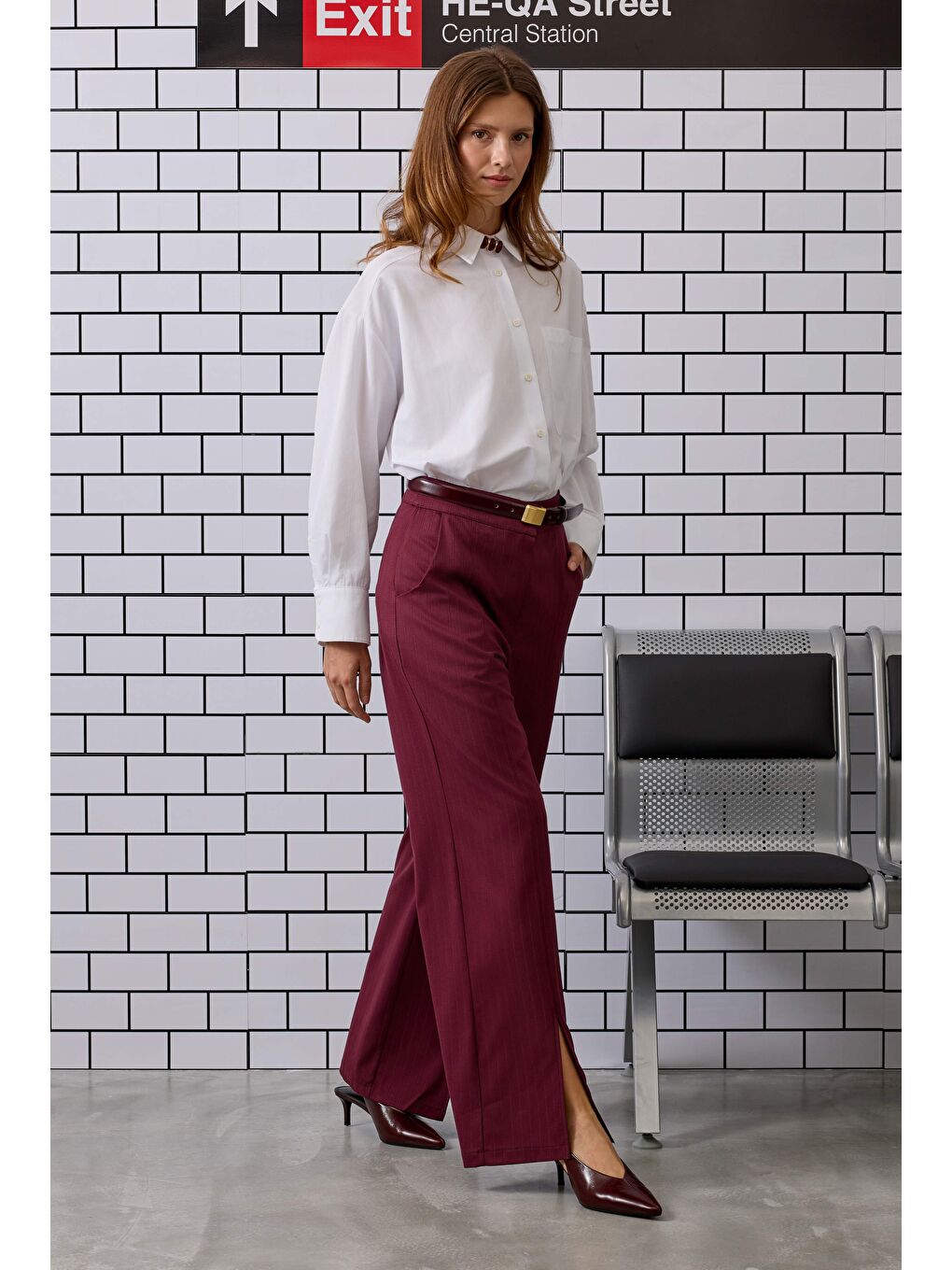 Yırtmaç Detaylı Pantolon Bordo-3