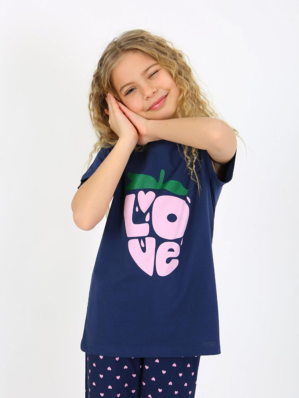 Lacivert Kız Çocuk Kısa Kollu %100 Pamuklu Pijama Takımı Cute Love-5