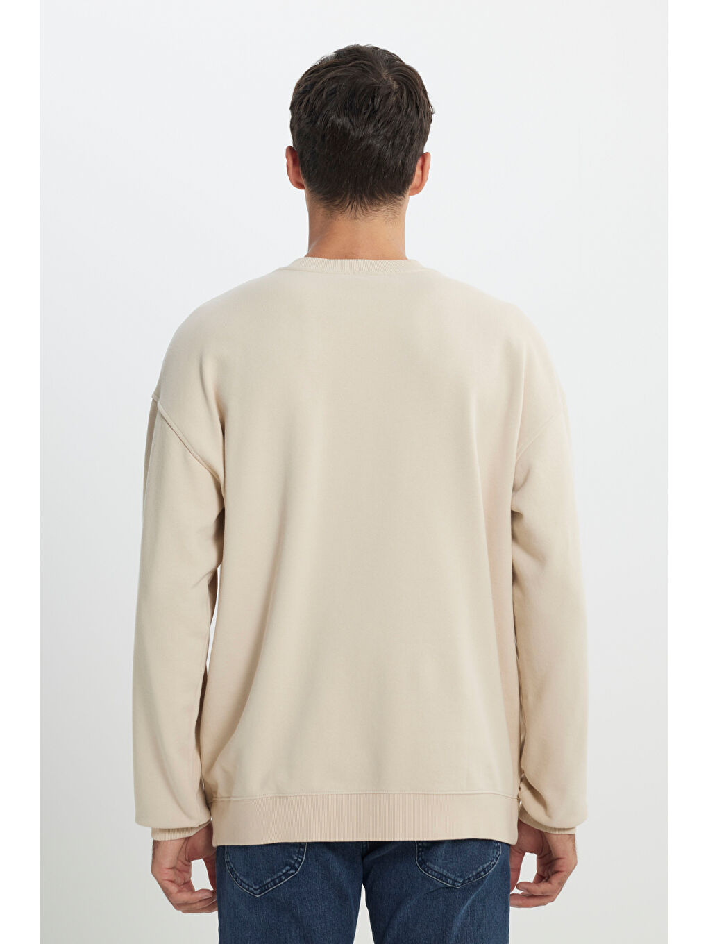 Loose Fit Rahat Kesim Bisiklet Yaka %100 Pamuk Bej Sweatshirt-5