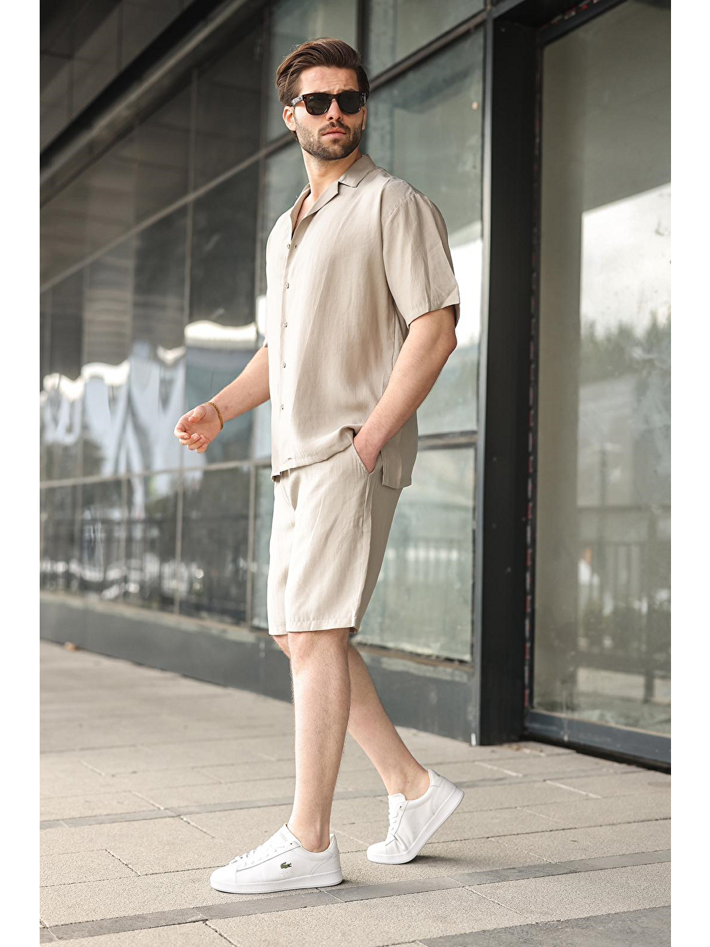 Bej Taş Rengi Kumaş Erkek Şort Gömlek Takım E7352-1