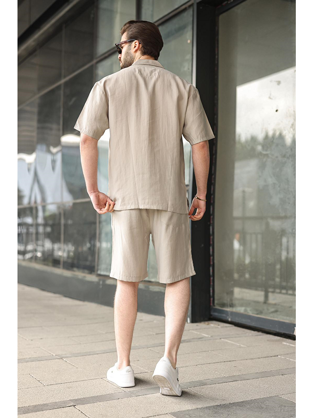 Bej Taş Rengi Kumaş Erkek Şort Gömlek Takım E7352-2