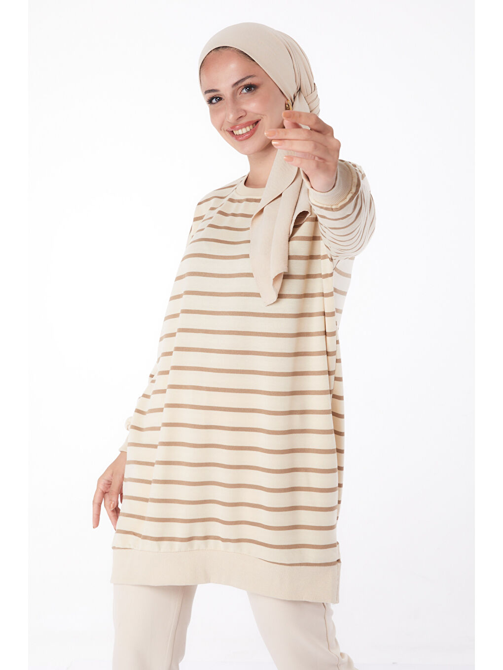 Bej Çizgili Sweatshirt Vizon - 26137