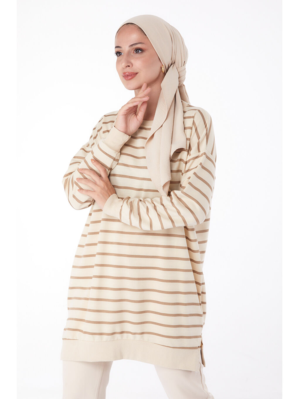 Bej Çizgili Sweatshirt Vizon - 26137-2